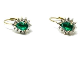 Pretty 14kt Imitation Emerald and Diamond Drop Earrings
