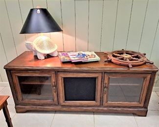 ONE OF TWO NICE CONSOLES, VERY CUTE TURTLE LAMP, SHIP'S WHEEL, BOOKS