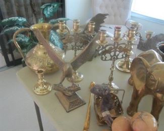 Brass elephant, eagle, candlesticks, pitcher, etc.