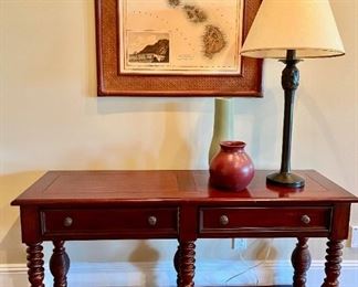 Two drawer console table & "Sandwich Islands" map.