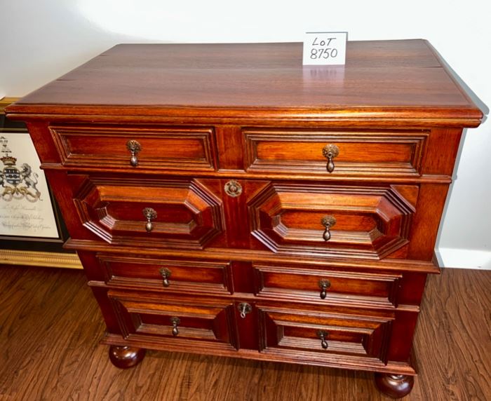 Lot 8750 $1295.00 Very Rare and Gorgeous Antique 2 Piece Chest with 5 Drawers by Banks, Coldstone Co. High Point NC.  This piece was purchased from a high-end Antique shop in Lske Geneva.  Excellent Condition.  (Has one small crack towards the back top of piece-negligible). 37" W x 35.5" T x 20.75" D. This is a renowned Furniture manufacturer in North Carolina that makes replicas of original antiques.