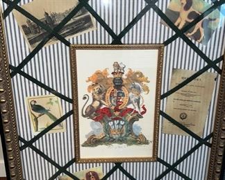 Lot 8757 $250.00 Family Crest of the "Prince of Wales" with Antique Pics of dogs and parrot under Lattice Treatment by John Richard. 28" W x 33" T