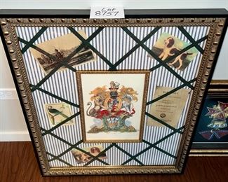 Lot 8757 $250.00 Family Crest of the "Prince of Wales" with Antique Pics of dogs and parrot under Lattice Treatment by John Richard. 28" W x 33" T