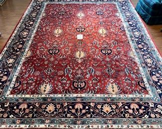 Lot 8751 $1995.00  Gorgeous Ralph Lauren Home Wool Pile Rug in Burgundy, Blue, Gold and Cream with Custom Pad. 11.66' x 8.5'.  This rug is brilliant and similar to their Richmond Style,  inspired by a 19th century Farahan Sarouk carpet. Renowned for their interesting counterpoint of tribal designs and refined geometric patterns woven in royal city workshops,