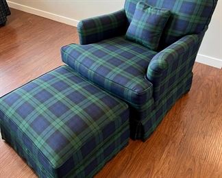 Lot 8752. $675.00. Awesome Green/Blue Plaid Chair with Ottoman.  Extremely comfortable and timeless look.  Chair 30.5" T x 25" W x 22" D, Ottoman 24" x 20" D x 13' T