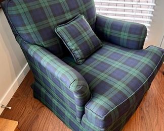 Lot 8753 $550.00. Awesome Green/Blue Plaid Chair (No Ottoman). Classic Look, never goes out of style. Perfect for a Home Office, Library or Rec Room.  Chair 30.5" T x 25" W x 22" D