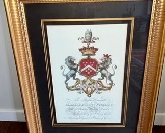 Lot 8755 $80.00  First of two Coat of Arms Prints in Gold Painted Wood Frame of Frederick Augustus Berkeley. 22 " W x 28" T  
