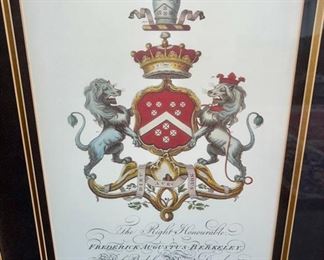 Lot 8755 $80.00  First of two Coat of Arms Prints in Gold Painted Wood Frame of Frederick Augustus Berkeley. 22 " W x 28" T  