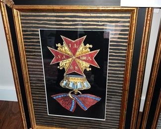 Lot 8758 $100.00 Pair of Family Crests and Heraldry Crowns. The Gold and Black Frames are very regal. 15" W x 19.5" T