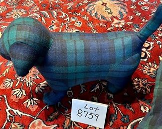 Lot 8759. $85.00  Pair of Geen/Blue Floor Pillows and Matching Dog. Pillows match the Chairs in Lots 8752 and 8753. Pillows: 30" Square, Dog 15" T x 12" T