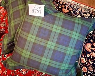 Lot 8759. $85.00  Pair of Geen/Blue Floor Pillows and Matching Dog. Pillows match the Chairs in Lots 8752 and 8753. Pillows: 30" Square, Dog 15" T x 12" T