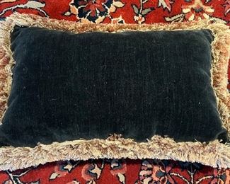 Lot 8760 $25.00 Dog Pillow with Fringe. One Side is an image of Springer Spaniel and the other side in black velvet. 11" W x 17" L. 