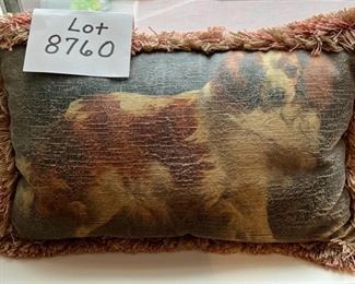 Lot 8760 $25.00 Dog Pillow with Fringe. One Side is an image of Springer Spaniel and the other side in black velvet. 11" W x 17" L. 