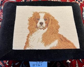 Lot 8761  $125.00  Antique wood adorable foot stool with needlepoint image of a Springer Spaniel on a velvet background.  Stool has nailhead trim and hand carved.  14" W x 10" D x 10" T