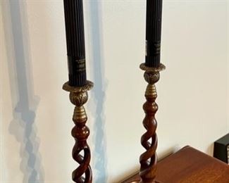 Lot 8762. $90.00  Pair of Beautiful English Oak Open Barley Twist Candlesticks with Wood Base and Brass End Candle Holder.  Included: 2 Tall 12" Candles by Root Collanette "Best Candles in America" 15" T x  6" Diam Base