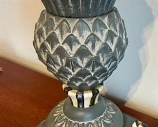 Lot 8763  $75.00. Very Heavy Metal Vase Made in India. Artichoke or Pineapple Motif and Hand Painted.  Purchased at Nieman Marcus for $160.00	12" T x 7" Square Base and 7" Vase Opening.