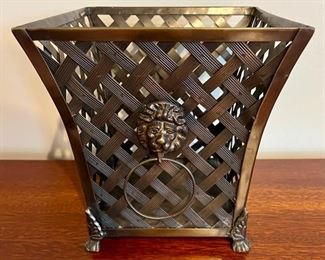 Lot 8765. $40.00. Metal Weave Planter or Waste Basket with 2 Lion Head Ring Handles on Each Side 	10" T x 10" W x 10" D	