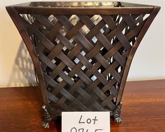 Lot 8765. $40.00. Metal Weave Planter or Waste Basket with 2 Lion Head Ring Handles on Each Side 	10" T x 10" W x 10" D	