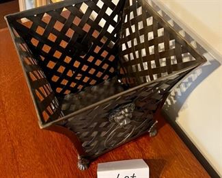 Lot 8765. $40.00. Metal Weave Planter or Waste Basket with 2 Lion Head Ring Handles on Each Side 	10" T x 10" W x 10" D	
