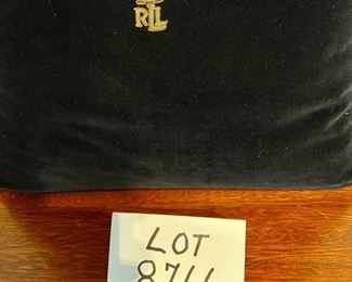 Lot  8766. $30.00. Ralph Lauren Velvet Pillow with Gold Cording around Rim.  RLL Crest in Center of Pillow 	17" W x 17" T x 5 " D