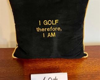 Lot 8767  $20.00 Square Pillow in Navy Blue Velvet with Gold Cord around rim. " I GOLF Therefore I AM"  12" W x 11" T x 4.5 " D