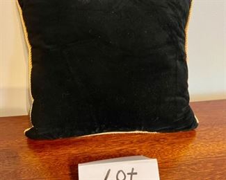 Lot 8767  $20.00 Square Pillow in Navy Blue Velvet with Gold Cord around rim. " I GOLF Therefore I AM"  12" W x 11" T x 4.5 " D