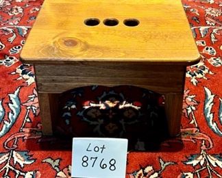 Lot 8768  $48.00 Vintage Hand-made wooden stool. Perfect for Kids to stand up to the sink.  3 finger holes on top for ease of moving the stool.  12" L x 9" W x 8.25" T