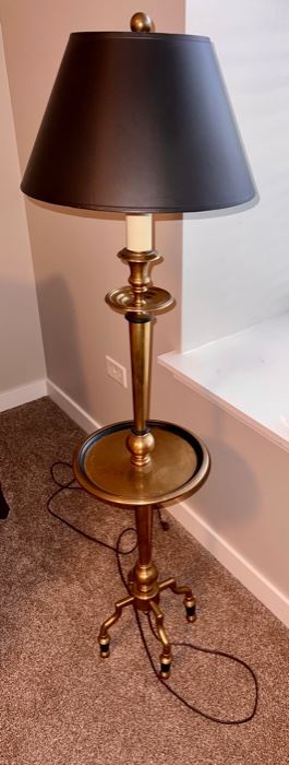 Lot 8770. $395.00  All Brass Floor Lamp with Tray Table.  Interesting 4 Leg Base with Beautiful Black shade with Foil interior.  The Candlestick Lamp is in the Chapman Lamp Style  54" T x 11" Diam Table x 10" Base