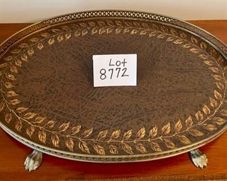 Lot 8772. $95.00  Beautiful Footed Metal Tray with 2 Handles, Reticulated Border around Tray and Leather Like Surface and Leaf Stencil  with Claw Feet.  24"L x 17" W x 2.5" T