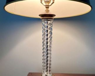 Lot 8777A  $165.00  Elegant Brass and Glass Table Lamp with Black Shade and Brass Finial.  Very Attractive and Timeless Lamp.  30" T x 5" Square Base