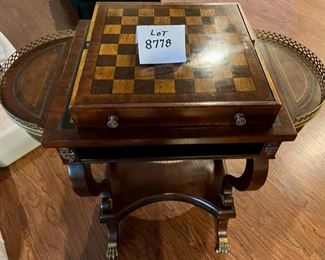 Lot 8778. $750.00  Very Rare Ellis Line by Sligh Game Table in Mahogany with Leather Top. The Drawer pulls out to reveal the Chess and Backgammon Game Boards. Hidden Storage for Chess and Backgammon Pieces (Not Included) pull up for storage.