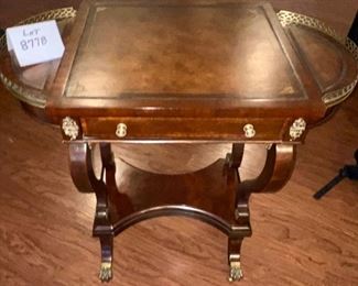 Lot 8778. $750.00  Very Rare Ellis Line by Sligh Game Table in Mahogany with Leather Top. The Drawer pulls out to reveal the Chess and Backgammon Game Boards. Hidden Storage for Chess and Backgammon Pieces (Not Included) pull up for storage.