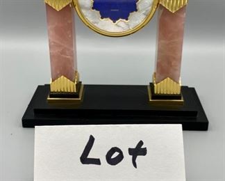 Lot 8800. $650.00 Beautiful C.D. Peacock Table Quartx Clock (3.5" Diam) with Pink Marble Columns with Gold Tone Accents, Art Deco Style.  Mother of Pearl Clock Face with 2 Clocks, one with Blue Lapis and Black Obsidian Face.  Retail $1,250.00 signed C.D. Peacock since 1837. 7.5' W x 7" T x 3." D