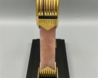 Lot 8800. $650.00 Beautiful C.D. Peacock Table Quartx Clock (3.5" Diam) with Pink Marble Columns with Gold Tone Accents, Art Deco Style.  Mother of Pearl Clock Face with 2 Clocks, one with Blue Lapis and Black Obsidian Face.  Retail $1,250.00 signed C.D. Peacock since 1837. 7.5' W x 7" T x 3." D