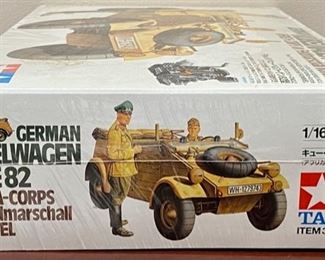Lot 8814 $95.00  Tamiya 1/16 Scale Kit 36202 German Kubelwagen Type 82  Africa Corps With Rommel Brand New Sealed. These models are all in excellent condition and many are sealed in original shrink wrap similar to this Model.  This model is highly accurate static display model kit. Authentically Reproduced 4 Cylinder Engine,Tools, Instrument Panel, Seats, Jerry Can and Independent Suspension.  Open and Close Doors, Steerable Front Wheels, Pneumatic Balloon Air and Realistic Figures of Field Marshall Rommel and Driver.