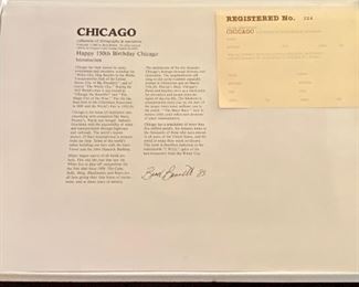 Lot 8824. $225.00  Chicago Collection of Fine Lithographs & Narratives No. 224/1000 by Brad Bennett c. 1983. Celebrating 150 years of Chicago. Includes a Chicago flag cover box and a 13 piece collection of signed Chicago Lithographs and narratives.  Each Lithograph is pencil signed and numbered by the artist. Would make an amazing gallery wall celebrating Chicago.  15" x 10.5"