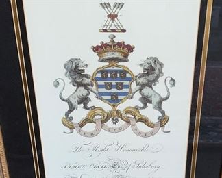 Lot 8756  $80.00  2nd of Two Coat of Arms Prints in Gold Painted Wood Frame of James Cecil " Earl of Salisbury". 22 " W x 28" T