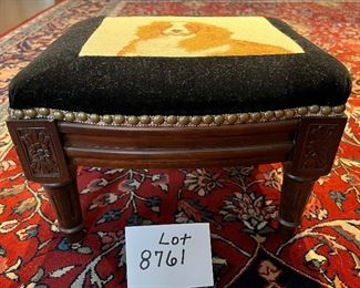 Lot 8761  $125.00  Antique wood adorable foot stool with needlepoint image of a Springer Spaniel on a velvet background.  Stool has nailhead trim and hand carved.  14" W x 10" D x 10" T