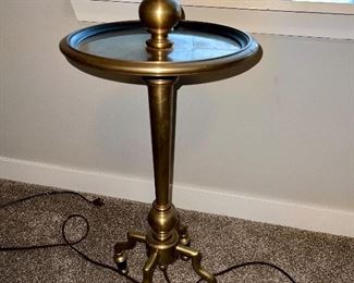 Lot 8770. $395.00  All Brass Floor Lamp with Tray Table.  Interesting 4 Leg Base with Beautiful Black shade with Foil interior.  The Candlestick Lamp is in the Chapman Lamp Style  54" T x 11" Diam Table x 10" Base