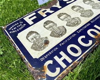 Lot 8785  $375.00  Original Vintage Metal Fry’s “Five Boys” Chocolate Advertising Sign From England.  This is the rarer smaller version. In good condition with no restoration.  Measuring 18" x 12" .