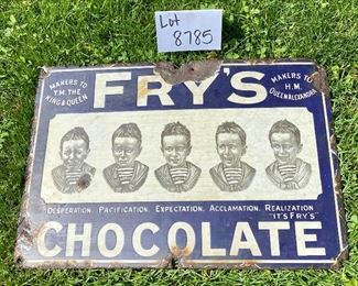 Lot 8785  $375.00  Original Vintage Metal Fry’s “Five Boys” Chocolate Advertising Sign From England.  This is the rarer smaller version. In good condition with no restoration.  Measuring 18" x 12" .