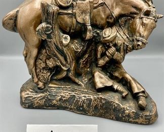 Lot 8816  $130.00 Horse and Cowboy in Bronze Composite Color.  Very Heavy and great detail from Relic Art Ltd. Brooklyn, NY.  Looks like a Bronze, very cool. 10" T x 11" L x 7" W