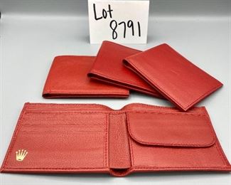 Lot 8791.  $30.00 Ea. 4 New Red Leather Rolex Bifold Wallets with buttoned change holder, Credit Card Slots and Cash Holder.   Montres Rolex S.A. Geneve Suisse 0060.02.34