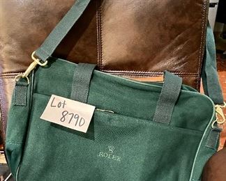 Lot 8790  $85.00. Rare Authentic Rolex Canvas Briefcase/Messenger Bag in Rolex Green with Leather on Handles and Shoulder Strap. 18" W x 13" H x 5" D