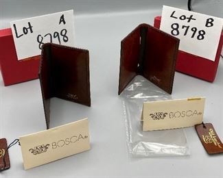 Lots 8798A & B Shown.  $25.00 Each   Business Card Holders by Bosca, in Cognac Old Leather.  Original Boxes and Bosca Information included.