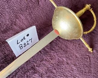 Lot 8827.  $60.00  Fencing Sword with Cup Style Cross Guard of Gold Tone Metal.  Stainless Steel Blade. 40" L x 1" W Blade