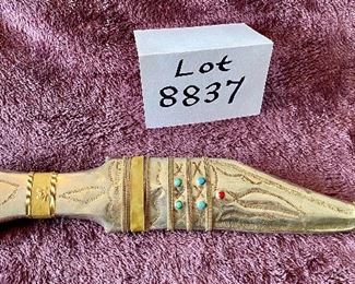 Lot 8837. $75.00  Antique Bedouin Dagger.  Very Nice Condition and includes som semi precious stones on sheath  13 1/2" L x 1" W Blade