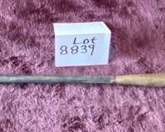 Lot 8839. $75.00 Primitive Weapon/Poker.  Wood Cone Shaped Handle attached to Iron Shaft.  It looks more like a poker than a blade.  33" L by 1" 