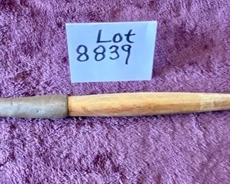 Lot 8839. $75.00 Primitive Weapon/Poker.  Wood Cone Shaped Handle attached to Iron Shaft.  It looks more like a poker than a blade.  33" L by 1" 