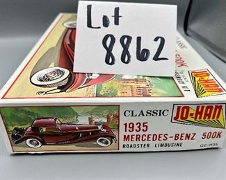 Lot 8862 $35.00. 1935 Mercedes-Benz 500K Roadster Limousine 1/25 Model Kit by Jo-Han GC1135, Body by Sindelfingen, Box was opened for inspection and parts are all present and accounted for. A fun summer project!